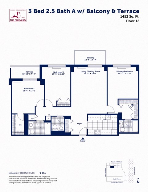Floor plan for 3 beds, 2.5 baths, 1452 sqft